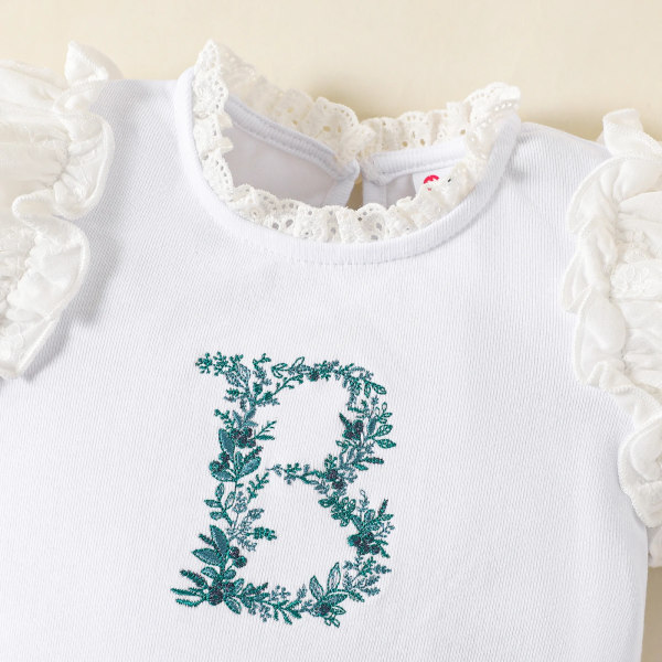 Baby Girl bomull brev broderad volang hals Puff-ärm Romper OffWhite 12-18Months