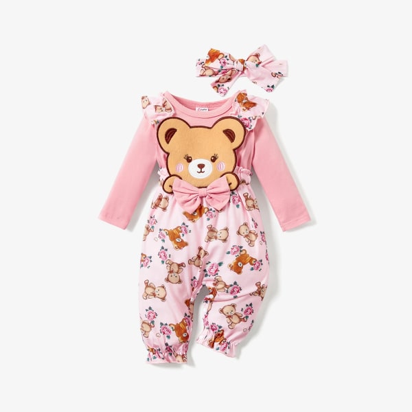 2st Baby Girl Faux-två Långärmad Allover print björntryck Rosa rosett Front Ruffle Trim Jumpsuit med Pannband Set Pink 12-18Months