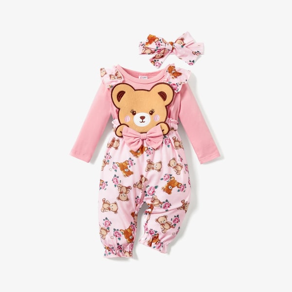 2st Baby Girl Faux-två Långärmad Allover print björntryck Rosa rosett Front Ruffle Trim Jumpsuit med Pannband Set Pink 3-6Months