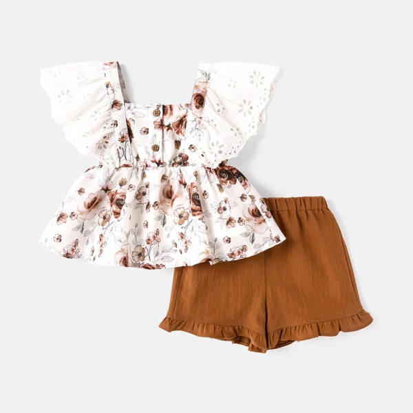 2st Baby Girl 100 % bomull massiva shorts och print med volangtopp set Khaki 6-9Months