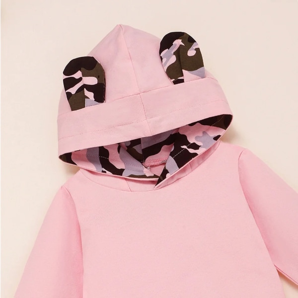 Ny ankomst 2021 vår och höst 2-delad Baby Solid Hoodie och Camouflage Byx Set Baby Pink 9-12 Months