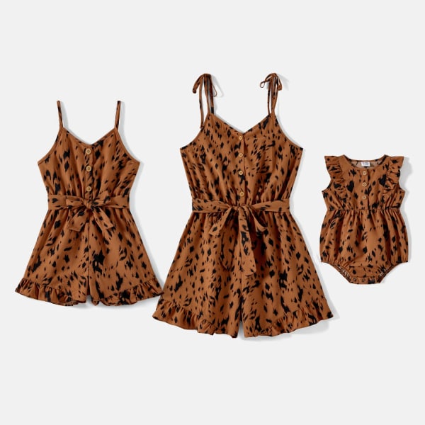 Mommy and Me Coffee Leopard Print Strappy Romper Shorts med bälte Coffee Girl 3-4 Years