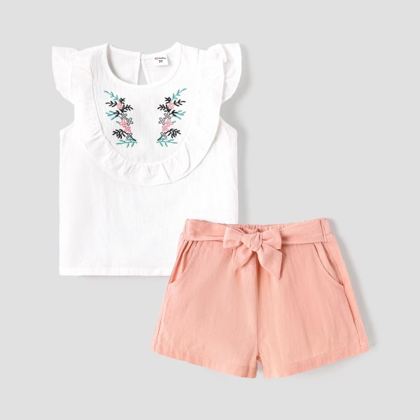 2 st Toddler Girl 100% bomull Fjärilsbroderad volang ärmlös t-shirt och set med bälte Pink 2Years