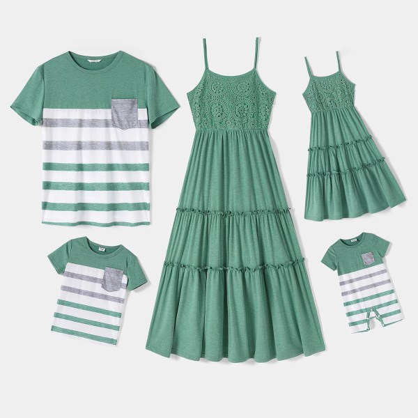 Familjematchande grön spets Splitssallat Trim Cami-klänningar och randiga kortärmade T-shirts-set Greenwhite Women M