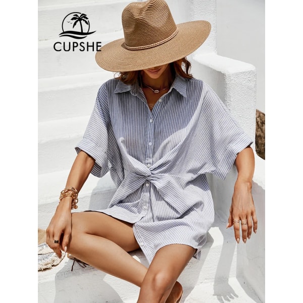 Blue Stripe Bikini Cover Up Kvinna Lös Dolman Sleeve Shirt Krage Holiday Beach Tunika 2023 Summer Mini Dress Beachwear CAA05A2C253CA M