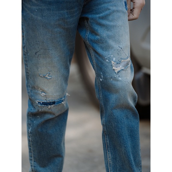 High Standard 2023 Vår Sommar Ny 14 Oz Ripped Patchwork Vanliga raka jeans Herrmode Vintage jeansbyxor Vintage Blue 30 REC 60.5-65KG
