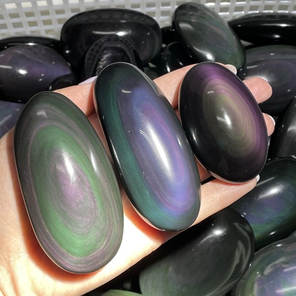 Nyheter！！！Bästa kvalitet naturlig regnbåge/guld Obsidian Ellips Reiki Gem Healing Dekoration 320-340g