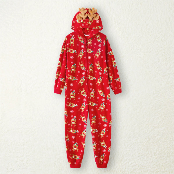 Julfamilj Matchande Allover Deer Print 3D Antler Hooded Långärmad Röd Förtjockad Polar Fleece Onesies Pyjamas Red-2 WomenL