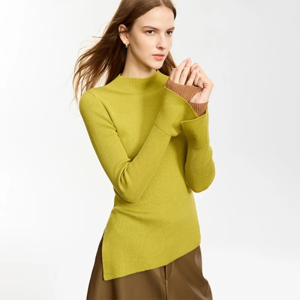 Minimalistisk 2023 Damtröja Höst Ny Halv Hög krage Skarvad Slim Fit Asymmetrisk Slit Office Damtröjor 12343376 sprout green S