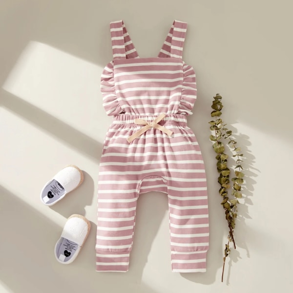 Stripe Print Volanger Decor Ärmlös Baby Jumpsuit Grey 9-12Months