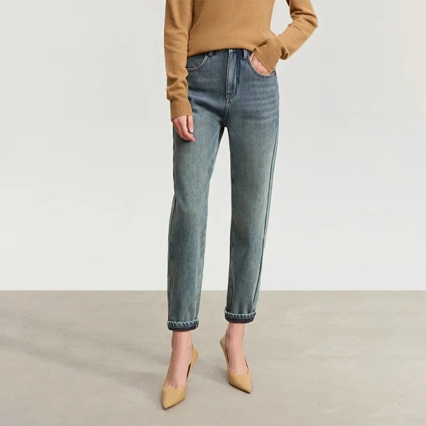 Minimalistiska jeans för kvinnor 2023 Vinter Nya Casual Byxor Plus Fleece Tjock Denim Ankellånga smalfotsbyxor 12324105 blue XL