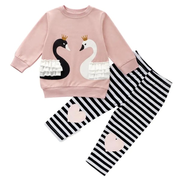 2020 Ny vår och höst Baby Mjukt Print Långärmad topp och randiga byxuppsättningar Baby Girl Kläder Pink 12-18 Months