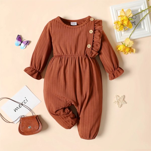 Baby Girl Brun/Vit Butterfly Print Långärmad Ruffle Jumpsuit Brown 6-9 Months