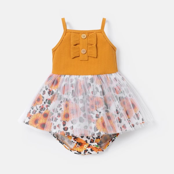 Baby Girl Solid Ribbad och Blommig Print Splits Mesh Cami Romper Ginger-2 3-6Months