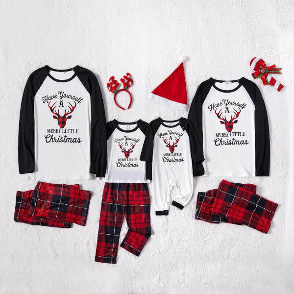 Julrenar och print Familj Matchande Raglan Långärmad Röd Pläd Pyjamas Set (Flamsäker) Black-White-Red Kids 6-7 Years