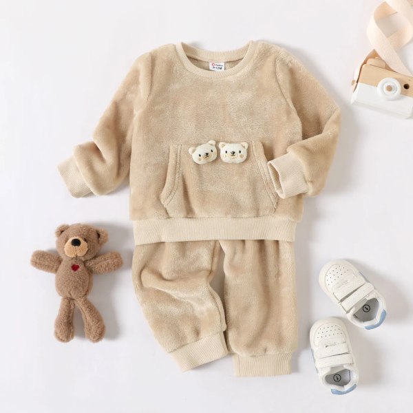 Kläder för baby pojke Sweatshirts New Born Babies Artiklar Uppstoppade björndetalj Långärmad Fuzzy Topp och byxor 2st Set Brown 3-6 Months