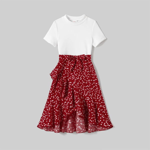 Mamma och jag skarvade print med volang i tulpanfåll Kortärmade klänningar Burgundy Girl 8-9 Years