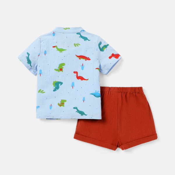 2st Baby Boy 100 % bomull Kortärmad Allover Dinosaur Print Shirt och solida shorts Set LightGreen 9-12Months