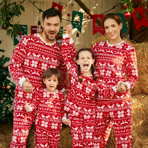 Julfamilj Matchande långärmad Allover Hjortar & Snöflinga Print Röd Fleece Pyjamas Set (Flamsäker) REDWHITE Kids 2 Years