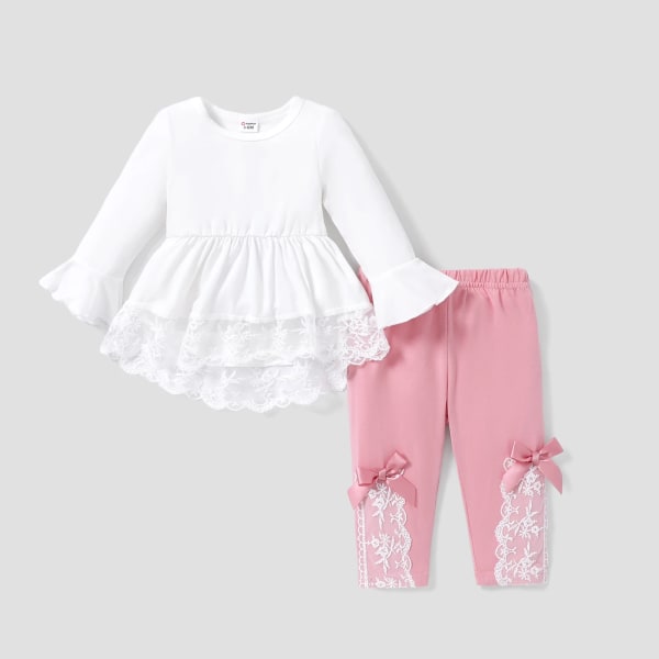 2st Baby Girl Sweet Lace Bowknot Långärmad Set White 12-18Months