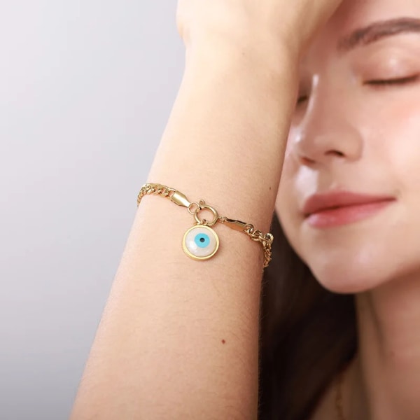 Zirkon turkiska ögonarmband för kvinnor rostfritt stål blå onda ögon Lucky Couple Charm Armband Geometrisk Smycken Present B945G-4