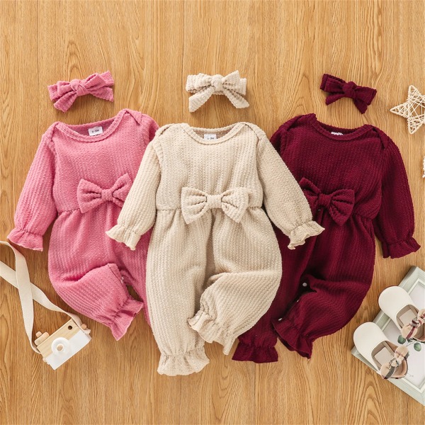 Overaller i 100 % bomull Baby Girl Kläder Jumpsuit New Born Romper Newborn Body Ribbad långärmad Snap-up Bowknot Apricot 9-12 Months