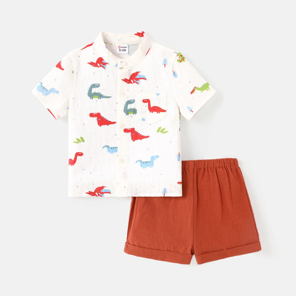 2st Baby Boy 100 % bomull Kortärmad Allover Dinosaur Print Shirt och solida shorts Set White 12-18Months