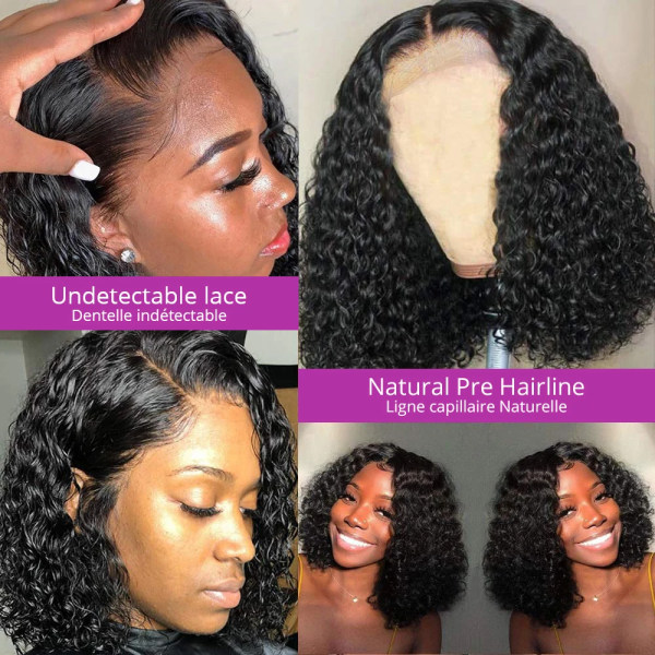 Kort Bob Peruk Jerry Lockigt Människohår Peruk Deep Wave Frontal Peruk Remy Hår Bob Spets Peruk Transparent T Del Spets Peruk för kvinnor 14inches 13x1 Bob Wig