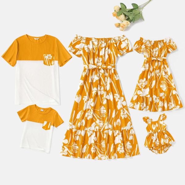 Matchande familjekläder Bomull Kortärmade Colorblock T-shirts och print Off Shoulder Klänningar med bälte Yellow Women L