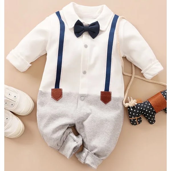 Romper i 100 % bomull Baby Color Block Pojkeimitation Långärmad Gentleman Lapel fluga Långärmad Jumpsuit Baby White 6-9 Months