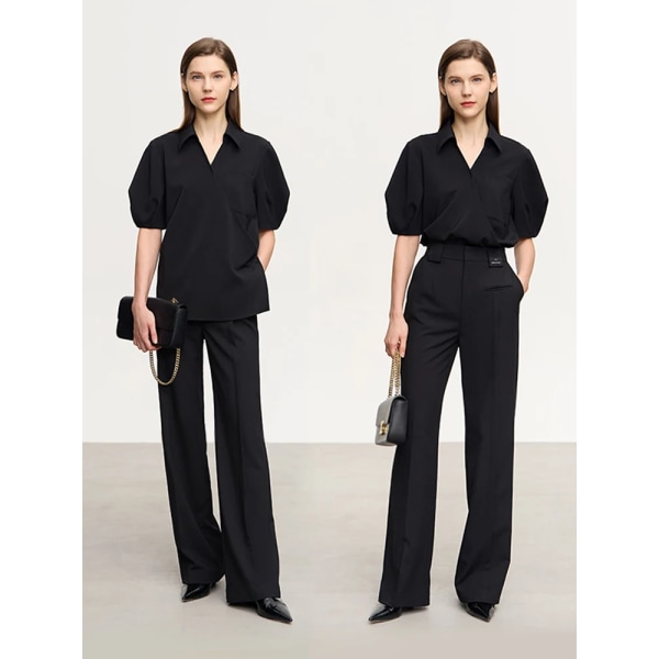 Minimalism Mode Kvinna Blus 2023 Sommar Ny Turndown krage Lyktärm Chiffongskjortor & blusar Fransk topp 12342620 black L