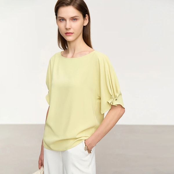 Minimalism Mode Kvinna Blus 2023 Sommar Ny Solid Lös Slash Neck Kvinnlig Chiffong Pullovers Skjortor & blusar 12342611 yellow XL