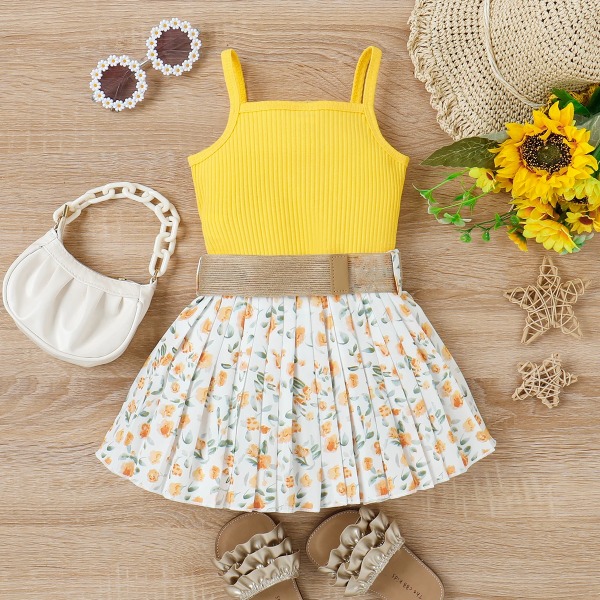 3st Toddler Sweet Ribbed Crop Camisole och Blommönster Print kjol & Bälte Set Yellow 2 Years