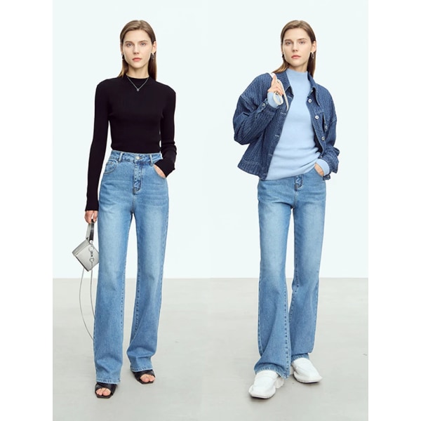 Minimalism Raka Dam Jeans 2023 Höst Ny Drapey Loose Casual Byxor Tvättade Retro Hellängd Dambyxor 12343207 denim blue L