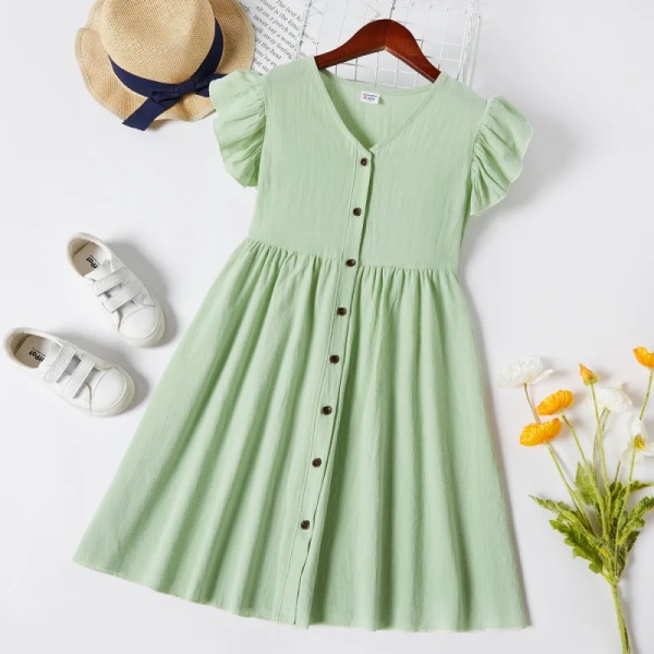 100 % bomull för barn flicka Solid, volanger-ärm Button Up-klänning Green 11-12 Years