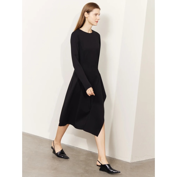 Minimalistisk klänning kvinnor 2023 våren Elegant asymmetrisk fransk stil 0-ringad A-linje Solid Slim Mid-Calf Vestidos 72341036 Black XL