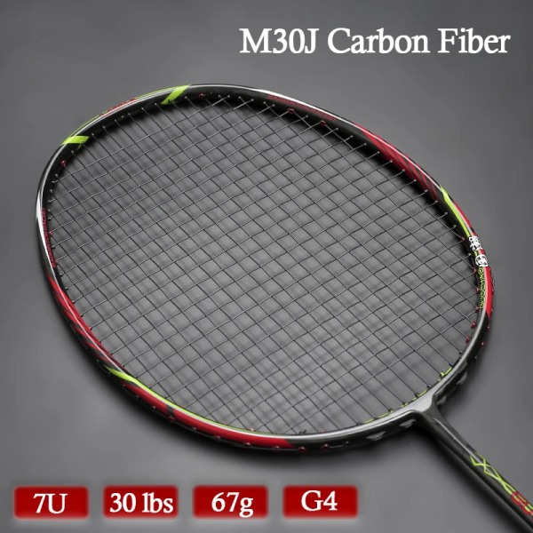 New Style M30J Kolfiber Super Light 7U 67g Badmintonracket Strung Max Tension 30LBS G4 Racquet Speed ​​Bags Racquet Sport Red