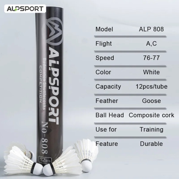 Alpsport 808 Pack om 12 Badminton Förbättra Badminton Klubb- och träningsboll Sport Speed ​​77 Slitstark Badminton Grade A gåsfjädrar 24Pcs 8K809