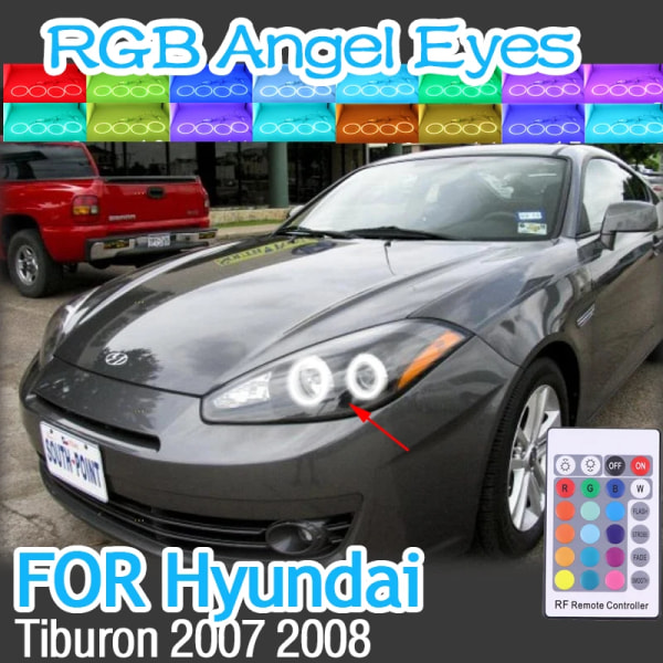 RGB flerfärgad RF-fjärrkontroll Halo Ringar DRL LED Angel Eyes Kit För Hyundai Tiburon 2007-2008 GK FL2 Strålkastartillbehör