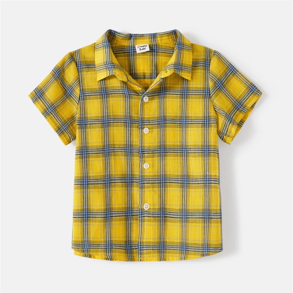 Familjematchande outfits 100 % bomull Gula rutiga skjortor och solid surplicerad hals med volangärm Självknyta klänningar Yellow Baby Girl 6-9M