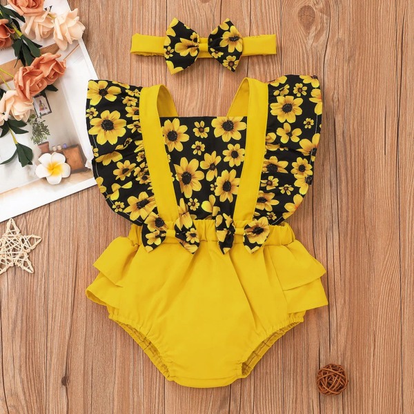 2st Baby Girl Solros Print Splits Gul Layered ärmlös volanger Romper med Pannband Set Yellow 3-6Months