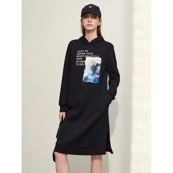 Minimalistisk hoodie klänning för kvinnor 2023 Vinter Ny Tjock Varm Rak Huva Midi Office Lady Print Lös Vestidos 12324046 blue XL