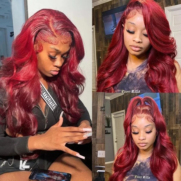 Burgundy Wine 99J Red Glueless Body Wave V Del 100% Människohår För Kvinnor U-form Peruk 30 tum Lös vågig hel maskintillverkad peruk 130density 10inches