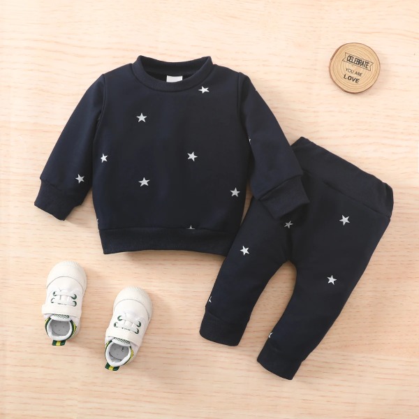 Sweatshirts för barn 2st Baby Boy Kläder Nyfödda All Over Polka Dots Långärmad pullover och byxa set Navy 0-3 Months