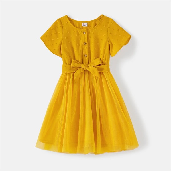 Familjematchande outfits 100 % bomull Gula rutiga skjortor och solid surplicerad hals med volangärm Självknyta klänningar Yellow Girl 2 Years