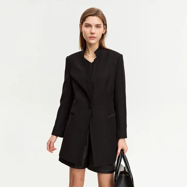 Minimalistiska kostymer för kvinna 2023 Höst Ny nischdesign Klädställningskrage Dubbellagers Basics Tunna Trendiga Blazers 12343100 black L