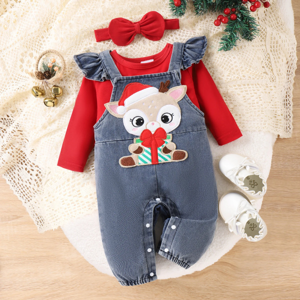 Christmas Deer Jeans Denim Set för Baby Girl med volangkant Red 3-6Months