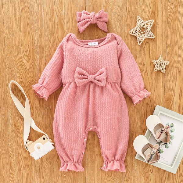 Overaller i 100 % bomull Baby Girl Kläder Jumpsuit New Born Romper Newborn Body Ribbad långärmad Snap-up Bowknot Apricot 6-9 Months