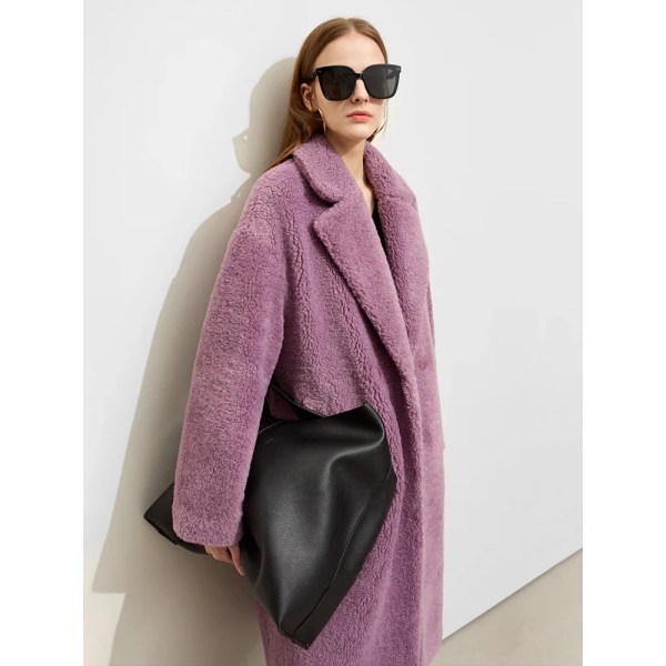 Minimalistisk lammullsrock för kvinnor 2023 Vinter Nytt slagkrage Långt brevbroderi Cashmere Coat Snow Wear 12344170 Grayish purple S