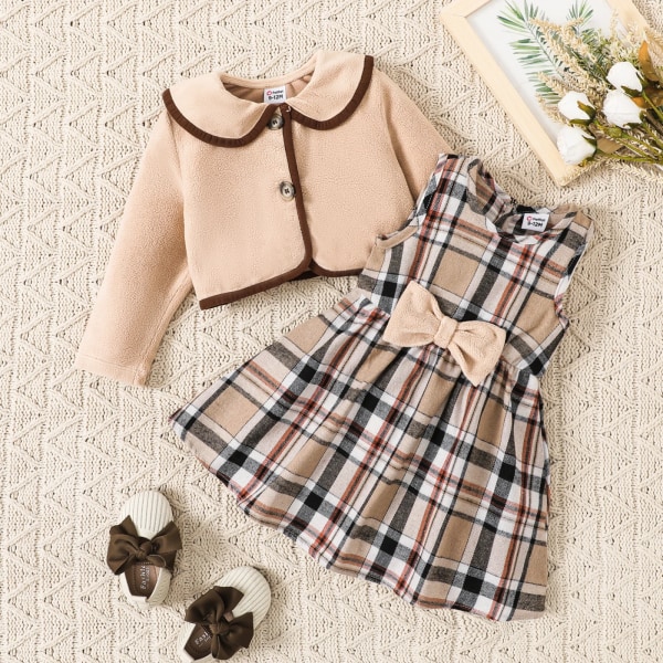 2st Baby Girl Hyper-Tactile Design Grid/Houndstooth Skolklänning Set Khaki 3-6Months